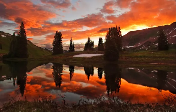 Картинка деревья, закат, горы, озеро, отражение