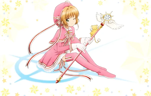 Перчатки, жезл, звездочки, берет, подмигивание, card captor sakura, Сакура - собирательница карт, Keroberos