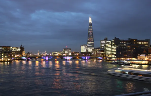 London, river, sky, night, tower bridge, shard, londres, thamesis