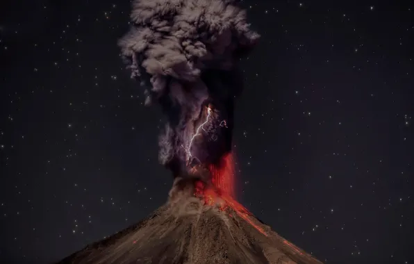 Природа, молнии, дым, вулкан, извержение, лава