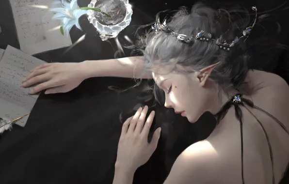 Картинка girl, fantasy, flower, mood, face, letter, elf, digital art