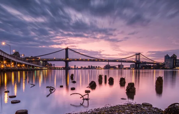Картинка закат, мост, город, река, США
