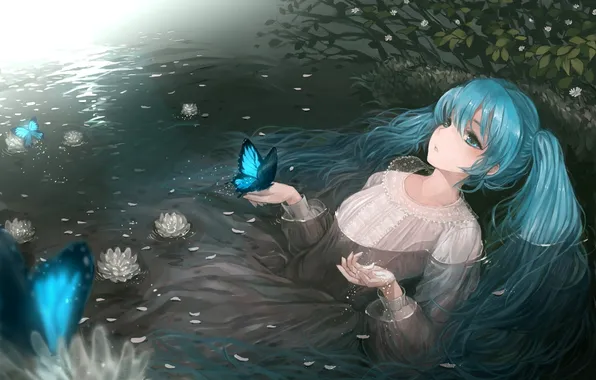 Вода, девушка, бабочки, цветы, озеро, платье, vocaloid, hatsune miku