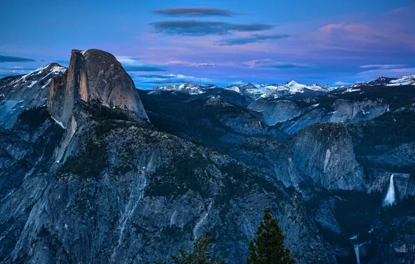 Картинка лес, пейзаж, горы, USA, сумерки, Yosemite, High Sierra