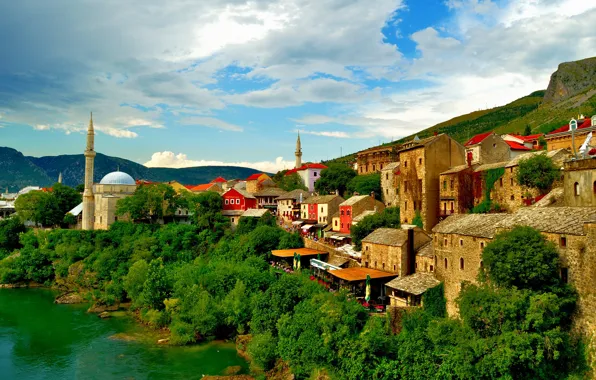 Здания, дома, мечеть, Босния и Герцеговина, Mostar, река Неретва, Мостар, Neretva River