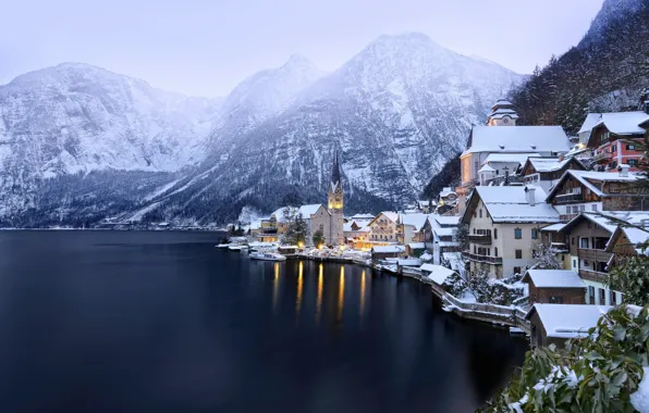 Картинка зима, снег, горы, озеро, Австрия