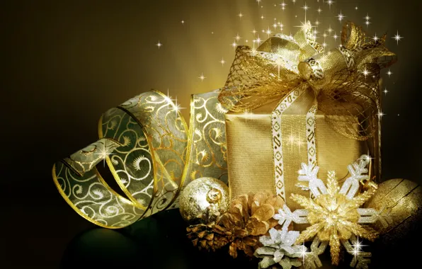 Картинка зима, шарики, снежинки, коробка, подарок, игрушки, Новый Год, Рождество