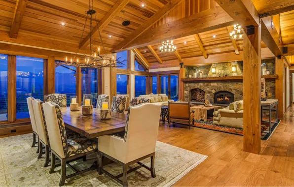 Дизайн, интерьер, печь, камин, гостиная, столовая, Rustically refined wood house, изысканный деревянный дом в деревенском …