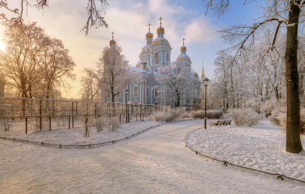 Небо, деревья, скамейка, природа, рассвет, Санкт-Петербург, церковь, Эдуард Гордеев