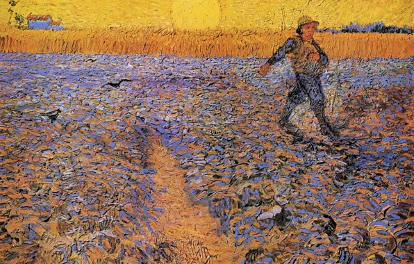 Картинка поле, солнце, Vincent van Gogh, The Sower 4, парень в шляпе, дом в далеке