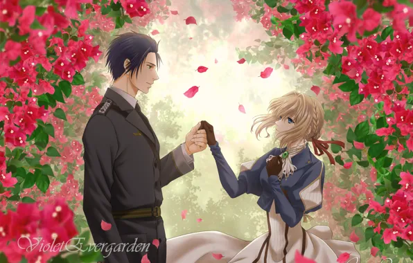 Девушка, цветы, мужчина, форма, Violet Evergarden, Gilbert Bougainvillea