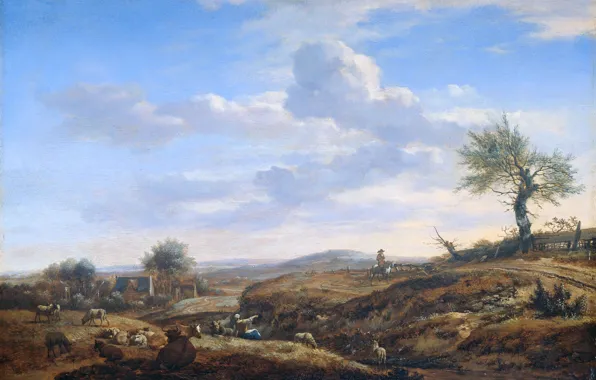 Картинка дерево, масло, картина, Адриан ван де Велде, Холмистый Пейзаж с Большой Дорогой