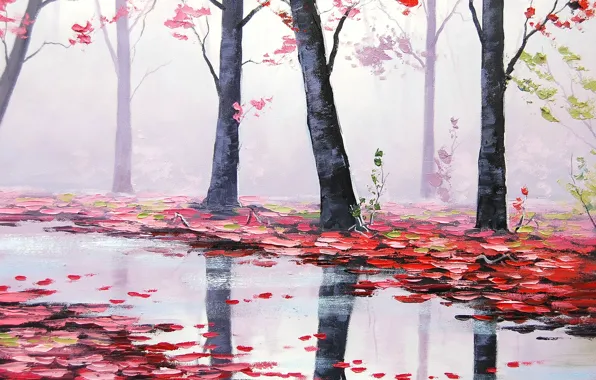 Картинка осень, листья, деревья, природа, река, арт, красные, речка