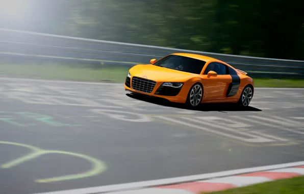 Audi, Оранжевая, Скорость, Orange, Speed, Суперкар, Трек, Supercar