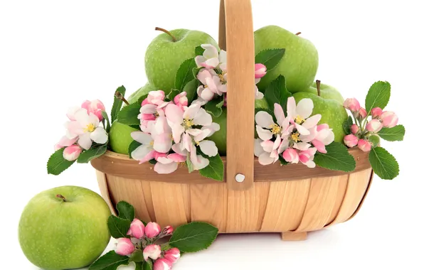 Картинка цветы, корзина, яблоки