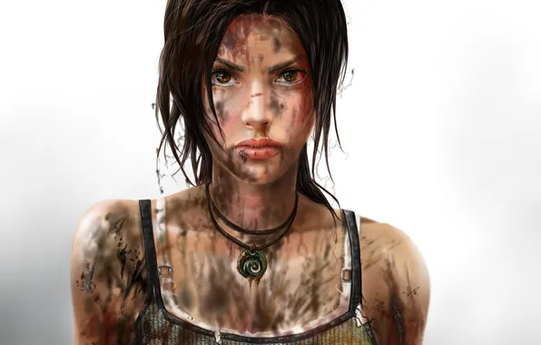 Картинка взгляд, фон, майка, грязь, Tomb Raider, lara croft