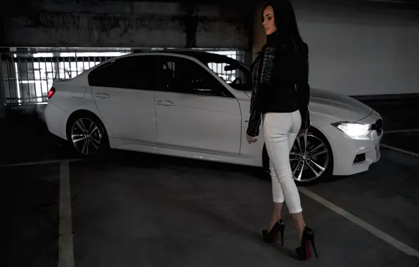 Картинка Девушки, BMW, красивая девушка, Валерия, белый авто, позирует на фоне машины