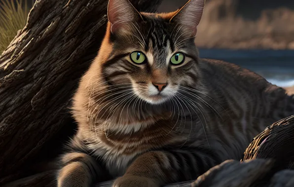 Кошка, кот, взгляд, природа, поза, дерево, лапы, лежит