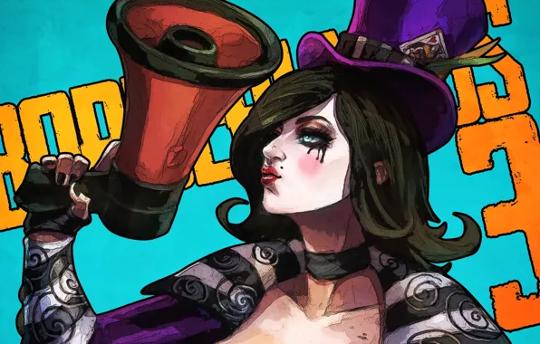 Девушка, шляпа, арт, borderlands, громкоговоритель, moxxi