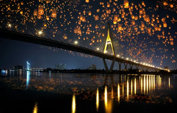 Картинка ночь, мост, город, отражение, река, берег, здания, вечер