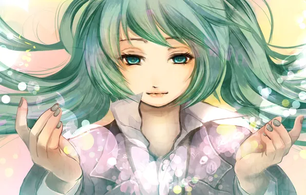 Девушка, волосы, руки, арт, vocaloid, hatsune miku, nobu yan