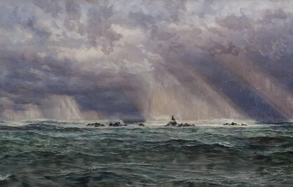 Картинка 1873, Джон Бретт, Шторм в море с маяком