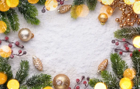 Картинка снег, украшения, шары, елка, Новый Год, Рождество, Christmas, snow