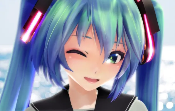 Girl, голубые глаза, vocaloid, hatsune miku, вокалоид, голубые волосы, хвостики, подмигивает