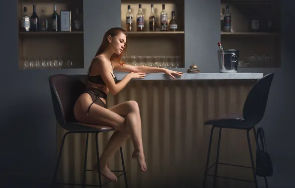 Lingerie, ass, bar, model, chair, women, redhead, sitting