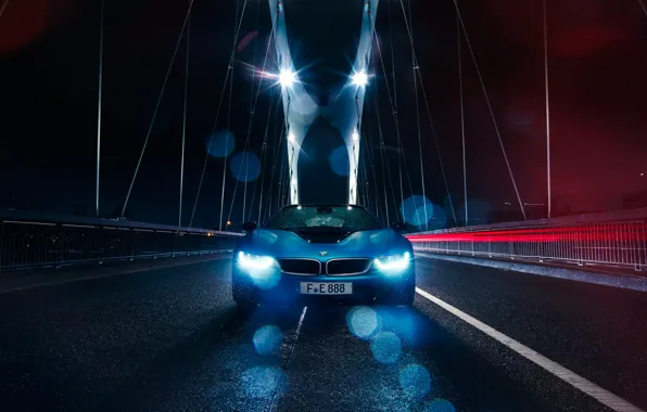 Картинка BMW, Car, Blue, Front, Bridge, Color, Rain, Sport