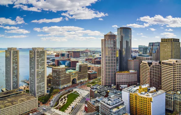 Побережье, здания, панорама, USA, США, небоскрёбы, Бостон, Boston
