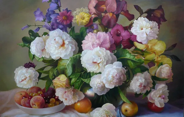 Картинка цветы, букет, фрукты, живопись