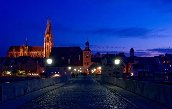 Ночь, мост, город, фото, Германия, Бавария, Regensburg