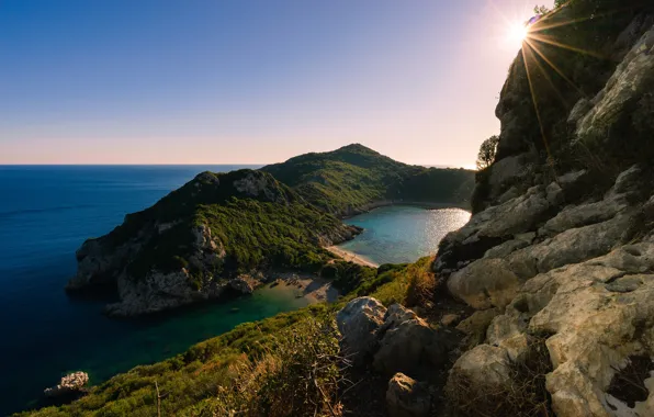 Картинка море, солнце, побережье, утро, Греция, Korfu