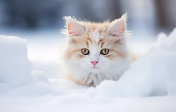 Зима, кошка, взгляд, снег, природа, поза, котенок, рыжий
