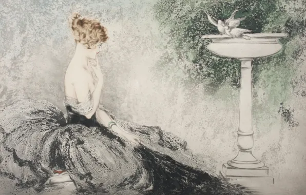 Раковина, Желание, белые голуби, 1924, Louis Icart, арт-деко, офорт и акватинта, рыжая женщина