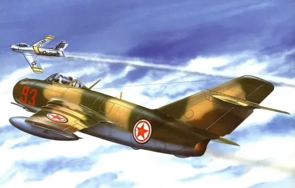 Картинка war, art, painting, aviation, F-86 Sabre, Mig 15, korean war