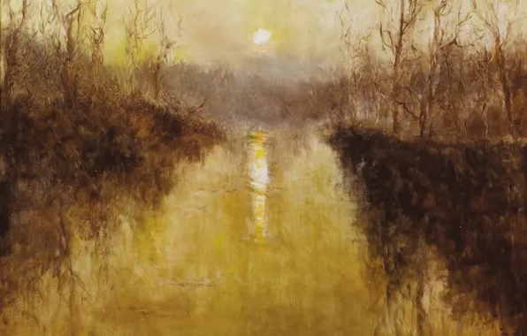 Картинка закат, река, Жанровая живопись, Пал Фрид, Речной пейзаж во Франции