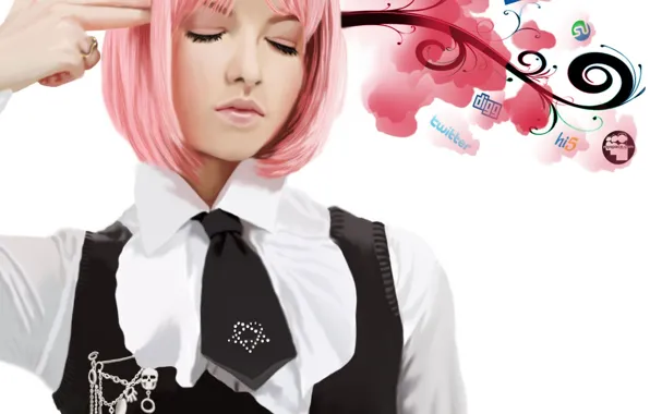 Картинка девушка, волосы, арт, губы, галстук, розовые