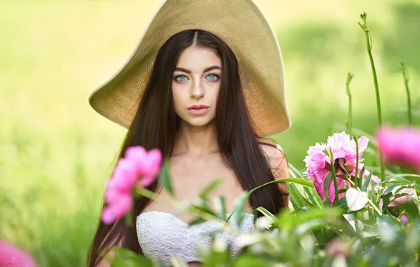 Картинка цветы, поза, волосы, Девушка, шляпа, Андрей Левитан