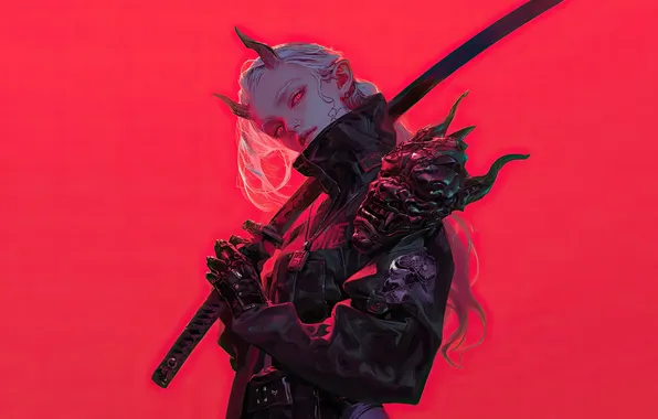 Girl, Anime, Katana, Mask, Horn, Red Background, Oni, Oni Mask