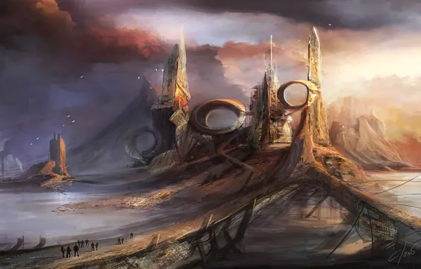 Картинка город, будущее, люди, фантастика, арт, by cloudminedesign, rusted land