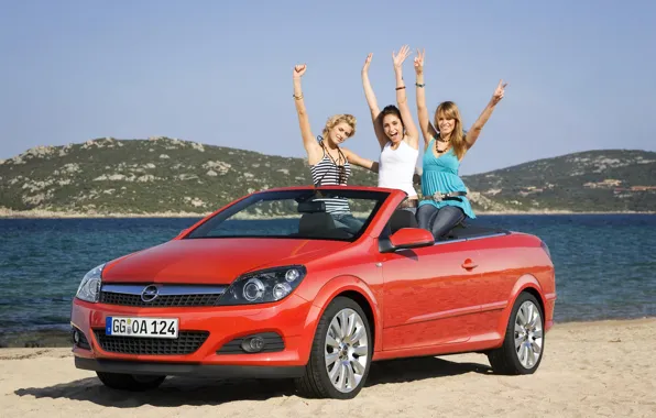 Авто, пляж, взгляд, девушки, Девушки, Opel, кабриолет