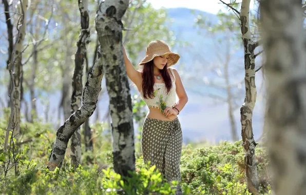 Weeds, hat, nature, bokeh, outside, red lips, countryside, necklace