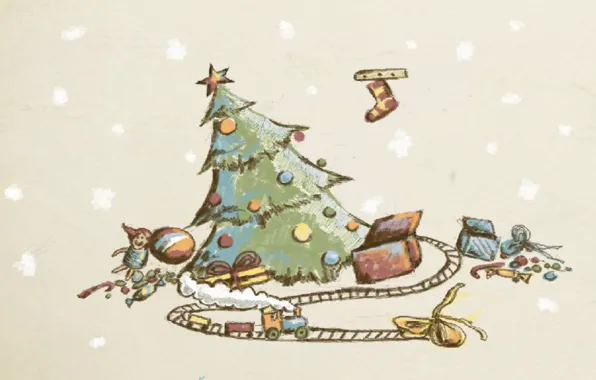 Картинка праздник, игрушки, рисунок, елка, подарки