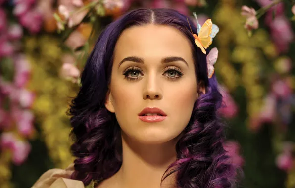 Девушка, бабочки, лицо, волосы, фиолетовые, Кэти Перри, Katy Perry, певица