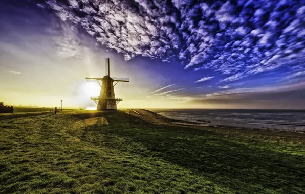 Картинка небо, утро, мельница