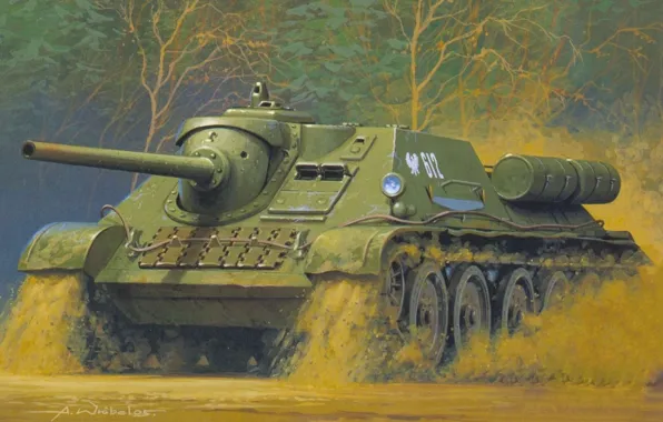 Рисунок, арт, самоходно-артиллерийская установка, советская, активно, истребителей, танков, СУ-85