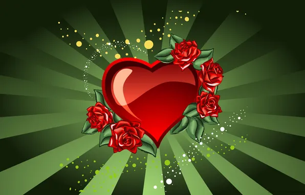 Картинка любовь, красный, зеленый, сердце, розы, арт, love, день святого валентина