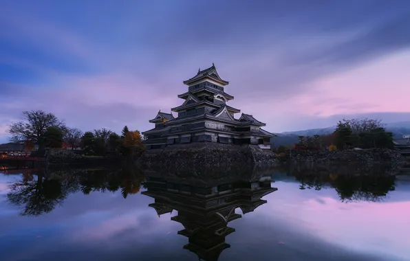 Картинка water, castle, reflection, Matsumoto Castle, symmetry, low light